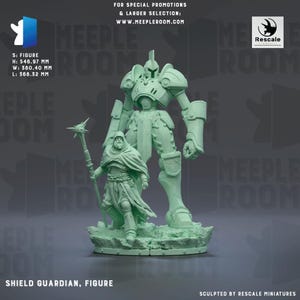 May include: A light green Shield Guardian figure, with a smaller figure in front. The larger figure is a detailed armored robot. The smaller figure is a robed character holding a staff. The figure is 21.53 inches tall, 14.98 inches wide, and 14.49 inches long.
