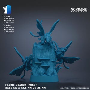 May include: A blue Faerie Dragon sculpture, Pose 1, with a base size of 12.5 mm or 25 mm. The dragon is perched on a tree stump with three visible mushroom-shaped structures. The sculpture has outstretched wings and is labeled "SORDANE PUBLISHING."