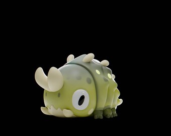 May include: A green and white 3D cartoon creature with a large eye and two horns. The creature has a segmented body and is curled up in a ball.