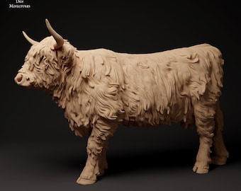 May include: A detailed, hand-painted miniature sculpture of a Highland cow, also known as a Scottish Highland cattle. The sculpture is made of a light brown, textured material and depicts the cow standing with its head turned to the side.