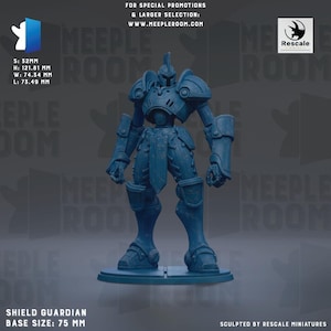 May include: A blue Shield Guardian miniature figure, standing on a circular base. The figure is wearing detailed armor and a helmet. The base size is 75 mm. The figure's dimensions are: Height 4.79 inches, Width 2.93 inches, Length 2.89 inches.
