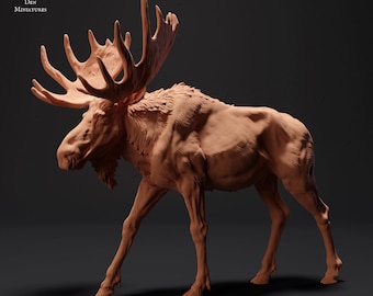May include: A detailed, hand-painted miniature sculpture of a brown moose with large antlers. The moose is standing on a gray surface and is facing to the left.