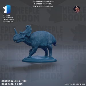 May include: A blue Centrosaurus miniature figurine. The dinosaur model is on a base, with dimensions of 32mm (S), 53.15mm (H), 50.74mm (W), and 89mm (L). The base size is 50 mm. The text "CENTROSAURUS, MINI" is visible.