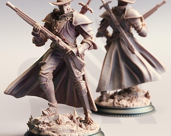 May include: Two detailed miniature figures of a fantasy character wearing a long coat, a hat, and armor. One figure is holding a rifle and the other is holding a sword. Both figures are standing on a circular base.