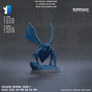 May include: A blue Chasme Demon miniature, Pose 1, with outstretched wings and a detailed, textured body. The base size is 25 mm or 50 mm. The image includes text for special promotions and larger selections. The miniature's dimensions are provided in millimeters.