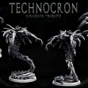May include: A grayscale sculpture of a biomechanical creature with a skeletal appearance. The sculpture is on a round base and has multiple articulated limbs. The text "TECHNOCRON H.R.GIGER TRIBUTE" is displayed above the creature.