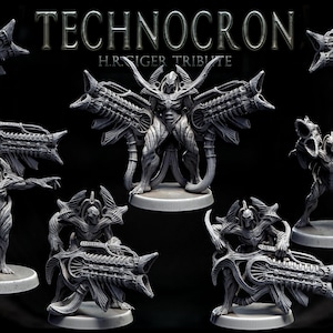 May include: A set of six gray, detailed, sci-fi action figures with intricate designs and weapons. The figures are posed in dynamic stances and stand on circular bases. The figures are labeled "Technocron HR Giger Tribute".