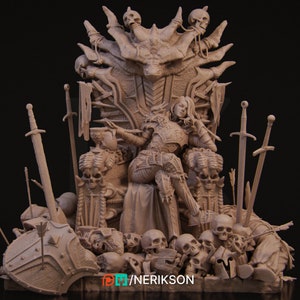 May include: A detailed, sculpted figurine of a woman in armor sitting on a throne made of skulls and bones. The throne is decorated with a dragon head and has a skull on each armrest. The woman is holding a goblet in her hand. The figurine is made of a light brown material and is set against a dark background.