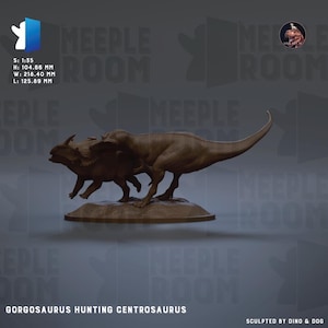 May include: A brown Gorgosaurus hunting a Centrosaurus figurine. The model is 104.66 mm high, 218.40 mm wide, and 125.89 mm long. The base is a light brown color. The text "Gorgosaurus Hunting Centrosaurus" is at the bottom.