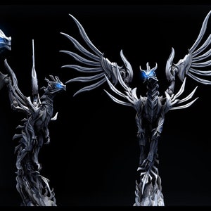 May include: A detailed, white, metallic, dragon sculpture with blue eyes. The dragon is posed in four different positions, including standing, flying, and with its wings spread. The sculpture is 285mm tall.