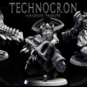 May include: Three detailed, gray, 3D printed figurines of a creature with a skeletal, biomechanical design. The creature has a large head with horns and a long, thin body. The figurines are posed in different positions, and each one is standing on a circular base. The text "TECHNOCRON H.R.GIGER TRIBUTE" is displayed above the figurines.