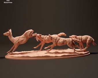 Iberian Wolves chasing Roe Deer 1:24 scale by Animal Den Miniatures | Unpainted | Print on Demand