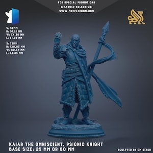 May include: A blue miniature figure of Kaiar the Omniscient, Psionic Knight, holding a staff and wearing armor. The base size is available in 25 mm or 60 mm. The figure is 120.03 mm tall. Text on the image includes "For special promotions & larger selection: www.meepleroom.com."