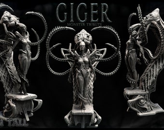 May include: A detailed, 200mm tall, gray, 3D printed sculpture of a Giger-inspired creature with a skeletal, biomechanical design. The creature has a human-like form with long, spindly limbs and a head with a skull-like appearance. The sculpture is posed in a dynamic, almost menacing stance.