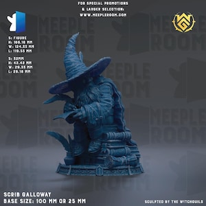 May include: A detailed blue resin miniature of a wizard, seated and reading from a scroll. The figure wears a tall hat and is surrounded by books. The base size is 100 mm or 25 mm. The figure is 169.16 mm tall.