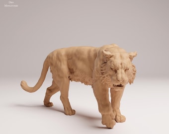 May include: A tan-colored sculpture of a tiger in a walking pose. The sculpture has detailed fur texture and facial features, including a slightly open mouth. The image includes the text "Animal Des Miniatures" in the upper left corner.