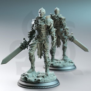 May include: Two gray knight figurines, each holding a large sword. The knights are clad in detailed armor with a weathered appearance, standing on a base with a textured, organic design. The background is a gradient of light blue.