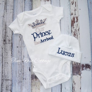 Unique Our Prince has arrived, The Prince has arrived, Embroidered Body Suits image 1