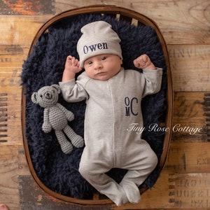 Monogrammed Coming Home Outfit Grey - Embroidered Baby Sleeper and Hat