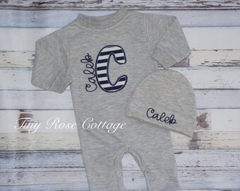 Personalized Coming Home Outfit Grey with name- Embroidered Baby Romper and Hat