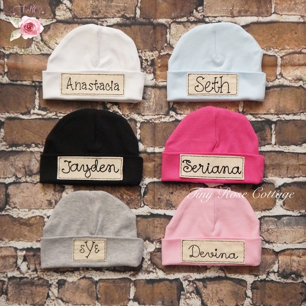 Newborn Baby hat with Name Tag, Embroidered Baby hat, personalized Baby Beenie, 14 Different Color Options, Boy or Girl, size 0-3M