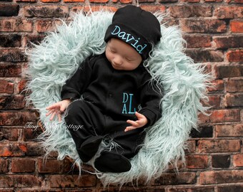 Monogrammed Coming Home Outfit Black - Embroidered Baby Sleeper and Hat