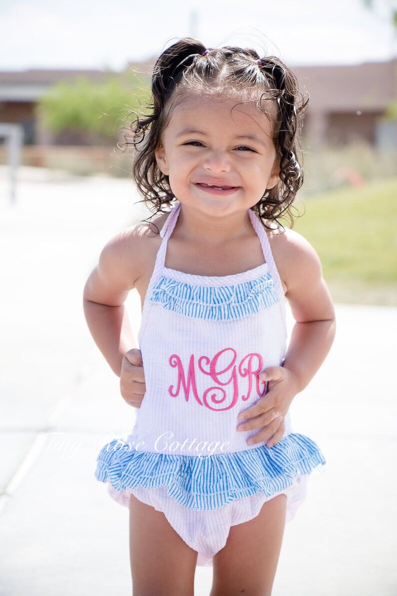 One piece Swimsuit monogrammed. Two Colored Seersucker Etsy