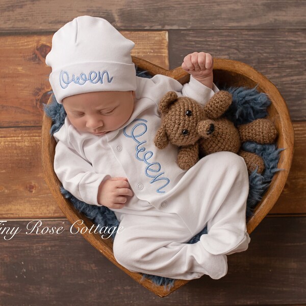 Personalized Coming Home Outfit White - Embroidered Baby Sleeper and Hat