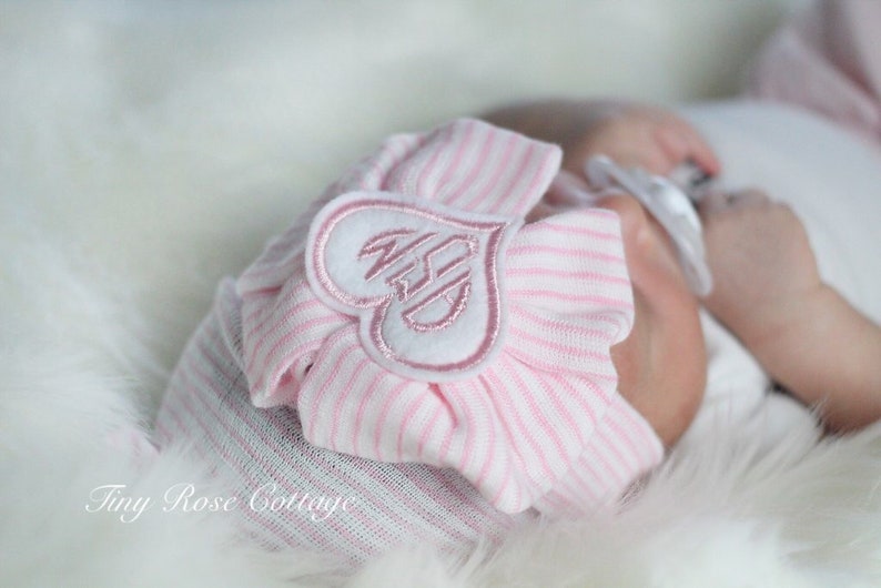 Monogrammed Newborn Hospital hat, Baby Girl hat with Bow, Baby Boggans, Beenie, Monogrammed Baby Hat, personalized, Custom image 2