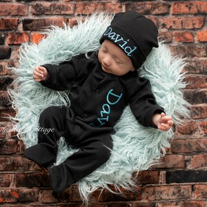 Personalized Baby Footie Black, Coming Home Outfit - Embroidered Baby Sleeper and Hat