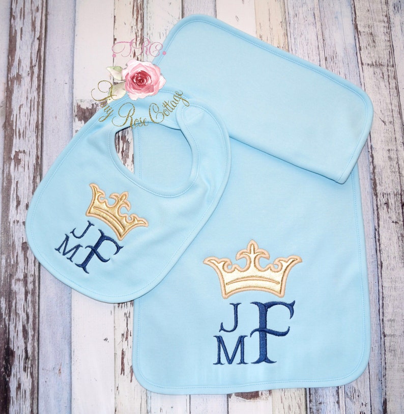 Monogrammed Baby Bib or Burp Cloth with Crown Embroidered for Boys