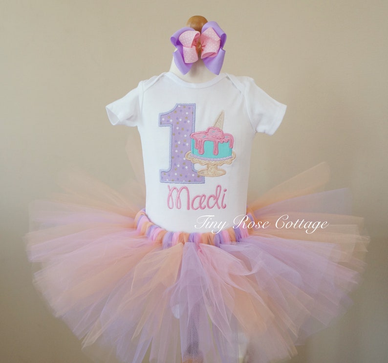 Ice cream cake in Turquoise Birthday ShirtBody Suit with Tutu Birthday Outfit Lavender and Pink