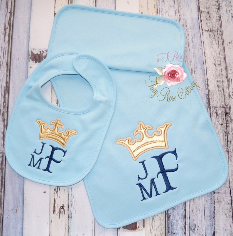 Monogrammed Baby Bib or Burp Cloth with Crown Embroidered for Boys