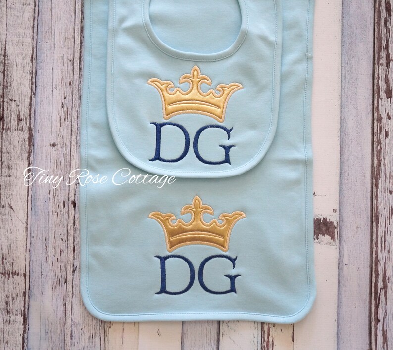 Monogrammed Baby Bib or Burp Cloth with Crown Embroidered for Boys