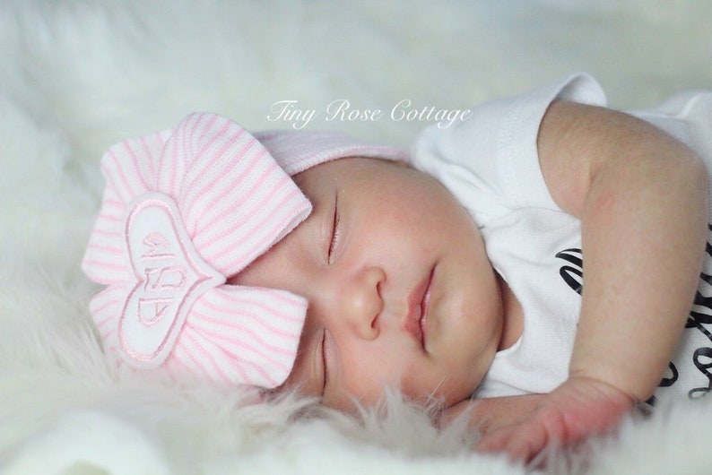 Monogrammed Newborn Hospital hat, Baby Girl hat with Bow, Baby Boggans, Beenie, Monogrammed Baby Hat, personalized, Custom image 1
