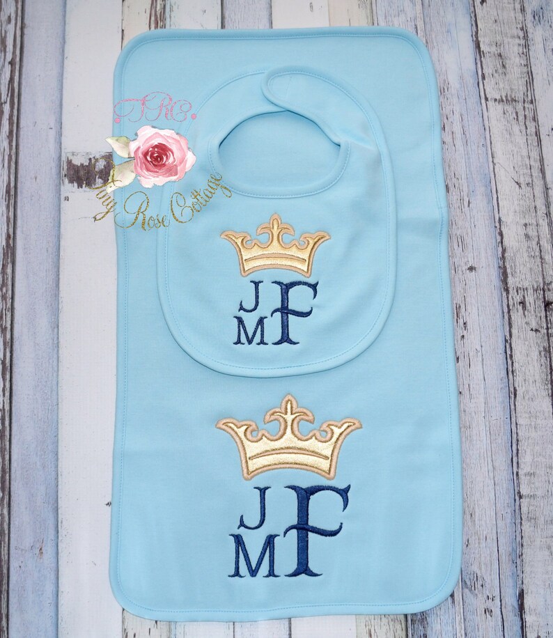 Monogrammed Baby Bib or Burp Cloth with Crown Embroidered for Boys