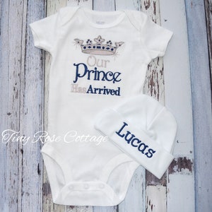 Unique Our Prince has arrived, The Prince has arrived, Embroidered Body Suits image 2