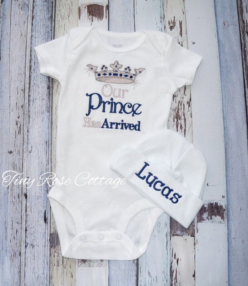 Unique Our Prince has arrived, The Prince has arrived, Embroidered Body Suits image 2