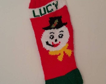 Vintage Christmas Hand Knit Large Snowman Stocking "LUCY"