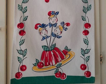 Vintage Bucilla Novelty Kitchen Tea Dish Towel Gelatin Jello Mold Cherries Anthropomorphic HTF