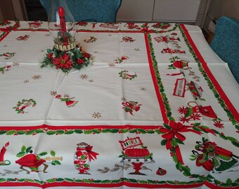 Vintage Mid Century Christmas Tablecloth Holly Berries Pine Red Ribbon Bows 52 x 60