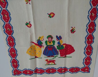 Retro Jumbo Dish Tea Towel 1950s Large Kitchen Towel Red Circles Dishes Cruet Holders Covered Bowls Small Table Cover Tablecloth MCM