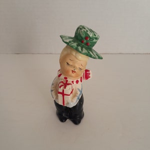 Vintage Japan Christmas Ceramic Blonde Boy Salt Pepper Figure Holly Hat Gift