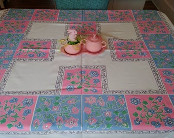 Vintage Tablecloth Pink Blue Folk Art Rosemaling Floral Cottage Core