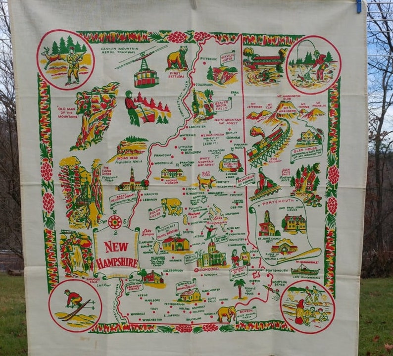 Vintage 1940/'s Old Stock Cactus Cloth New Hampshire State Souvenir Tablecloth
