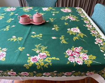 Vintage Simtex Tablecloth Pink Roses Dark Green Bark Cloth