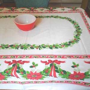 Nappe de Noël vintage 68 x 52 poinsettias Houx Ruban Rouge
