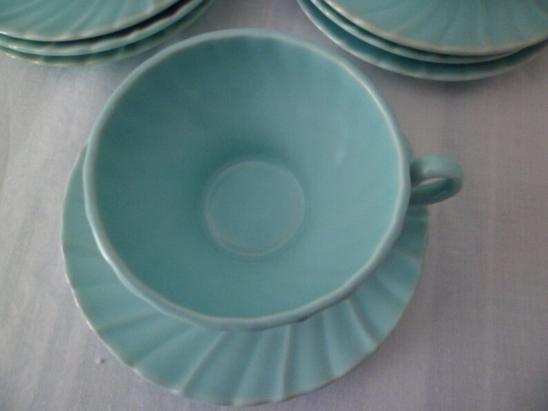 Vintage Franciscan Coronado Aqua Matte 2 18 Flat Cup and Saucer Set Swirled Edge