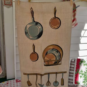 Vintage Old Stock Leacock MCM Kitchen Tea Towel Pots Pans Utensils Label
