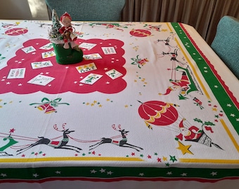Vintage Mid Century Christmas Tablecloth Santa Claus Reindeer Hot Air Balloons